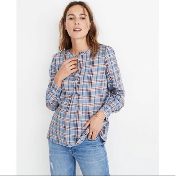 Madewell Leysfield Popover Shirt in Plaid Blue Top - Picture 1 of 6